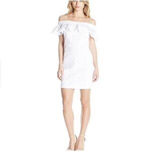 Calvin Klein Sz 8 White Lace Eyelet Off the Shoulder Dress Shift Sheath Ruffle m